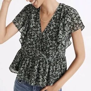 Madewell Georgette Ruffle-Sleeve Peplum Top in "Fleur Field" floral print Med